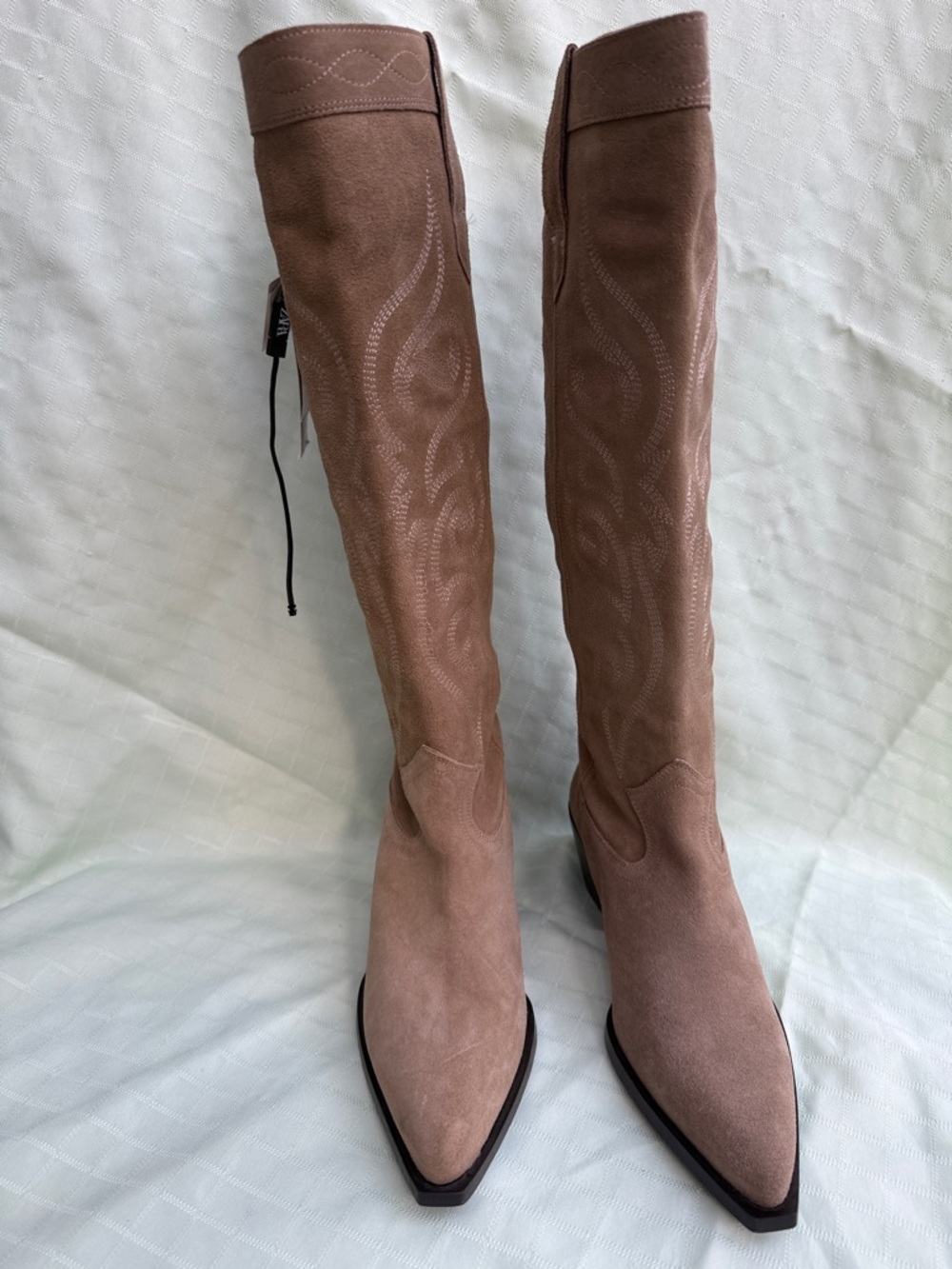New Zara Taupe Suede Knee-High Western Boots - Picture 2 of 11